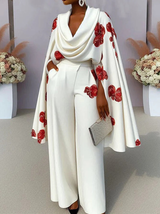 Foreign Trade Cross-border European And American Women's Clothing Independent Station New Printed Pile Collar Long Sleeve Two-piece Pants Suit