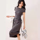 R3322 Designer Slim Dress Slimming Look And Taller Pure Color Pleated Waist Elegant Casual Long Skirt Summer