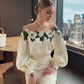 Mesh Stitching Satin Embroidered Shirt Top Women&#039;s Belle Mesh Yoke Blouse