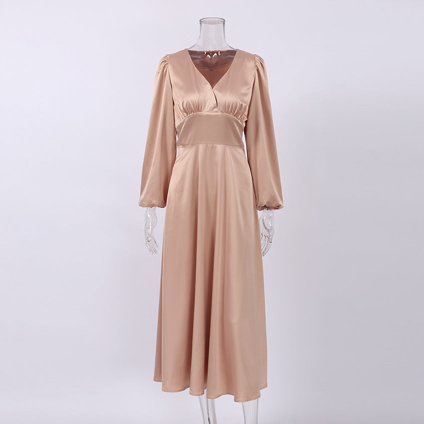 Clothing French Style Elegant Satin Lantern Sleeve Dress Women's High-end Waist Banquet Dress