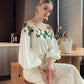 Mesh Stitching Satin Embroidered Shirt Top Women&#039;s Belle Mesh Yoke Blouse