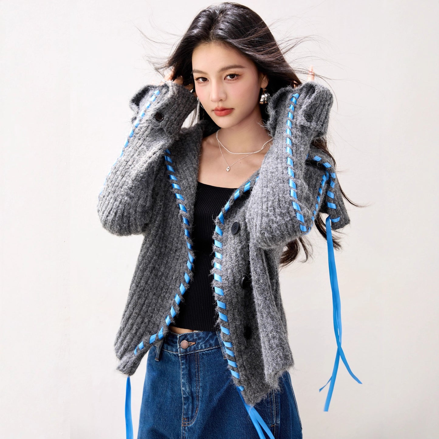 R5856 Advanced Wool Sweater With Large Lapel Short Coat, Lazy Style Knitted Cardigan For Women, Niche Thick And Warm