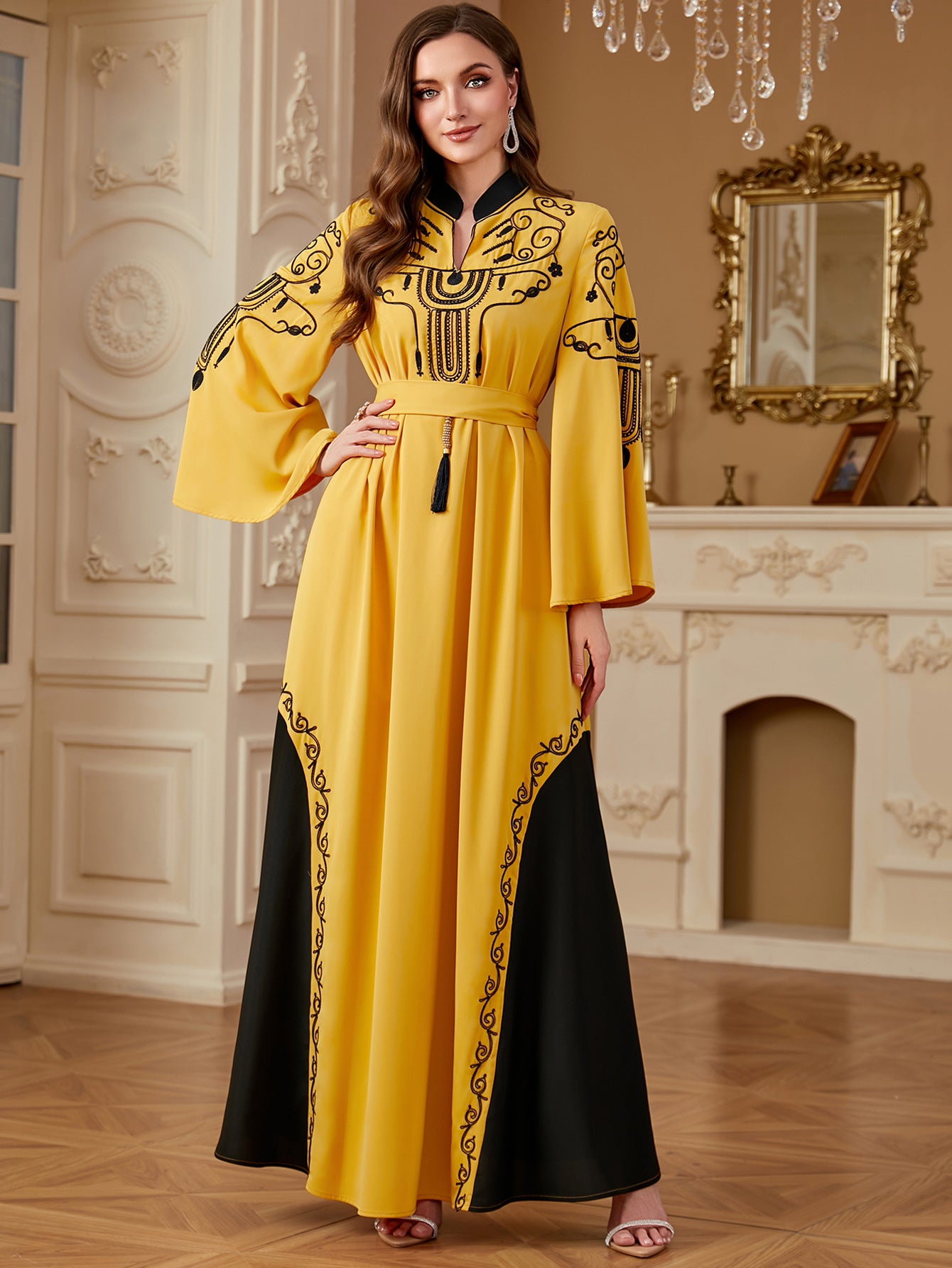4290 Women's Dubai Robe Elegant Gorgeous Embroidery Contrast Color Stitching Moroccan Long Skirt Fashion New Dress