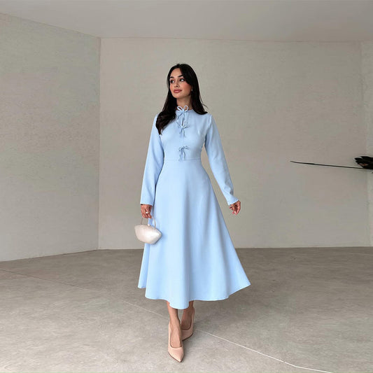 2025 Europe And America Amazon Cross-border Foreign Trade Women's Long Sleeve Solid Color Round Neck Multi-lace Temperament Fashion Dress