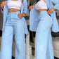 Women&#039;s Elegant Solid Color Split Sleeve Lapel Suit Pocket Straight Pants Suit