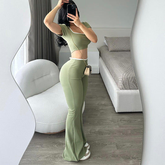 K24ST488 European And American Cross-border Women's Wear Spring And Summer Big Square Collar Short Navel Low Waist Micro Horn Slimming Knitted Suit