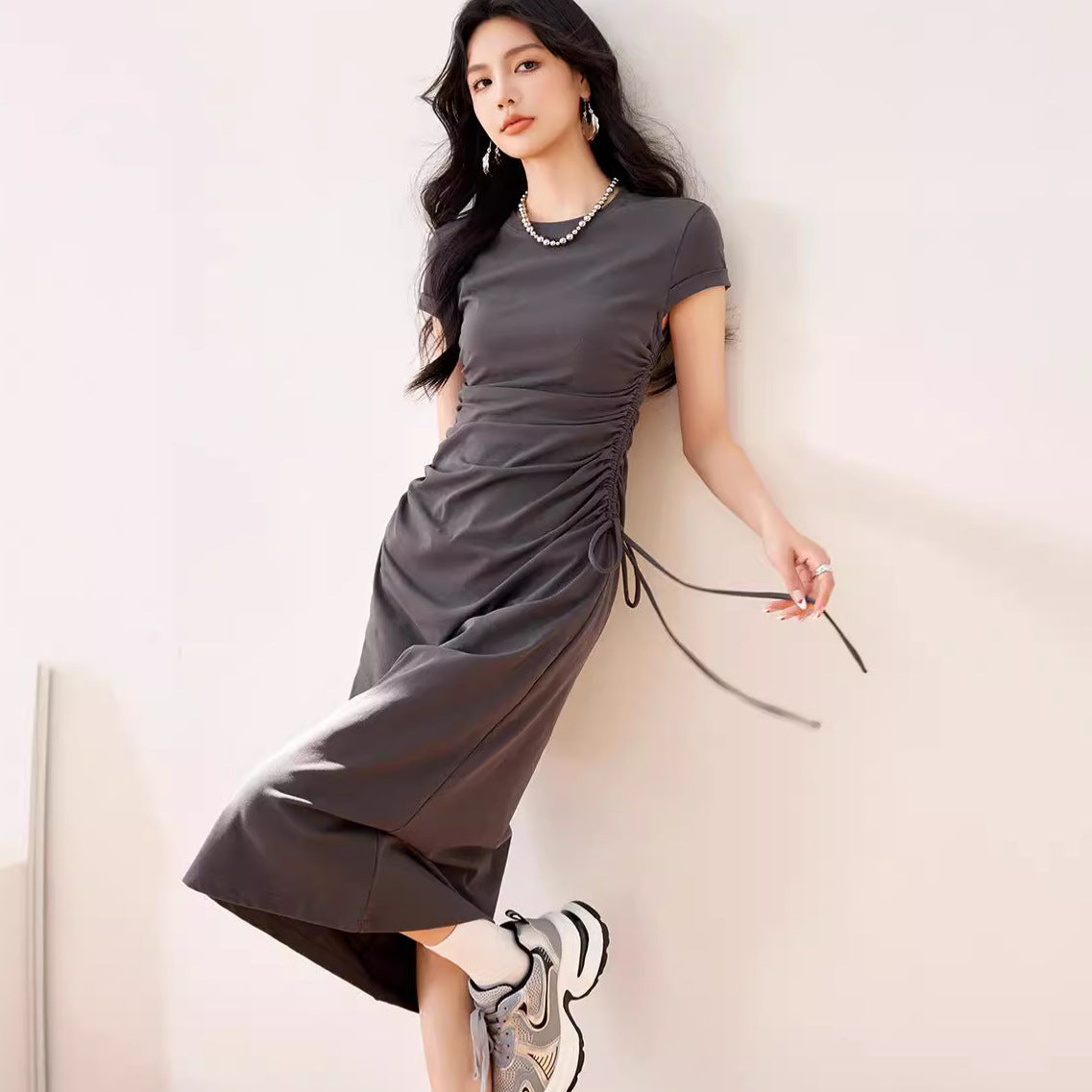 R3322 Designer Slim Dress Slimming Look And Taller Pure Color Pleated Waist Elegant Casual Long Skirt Summer