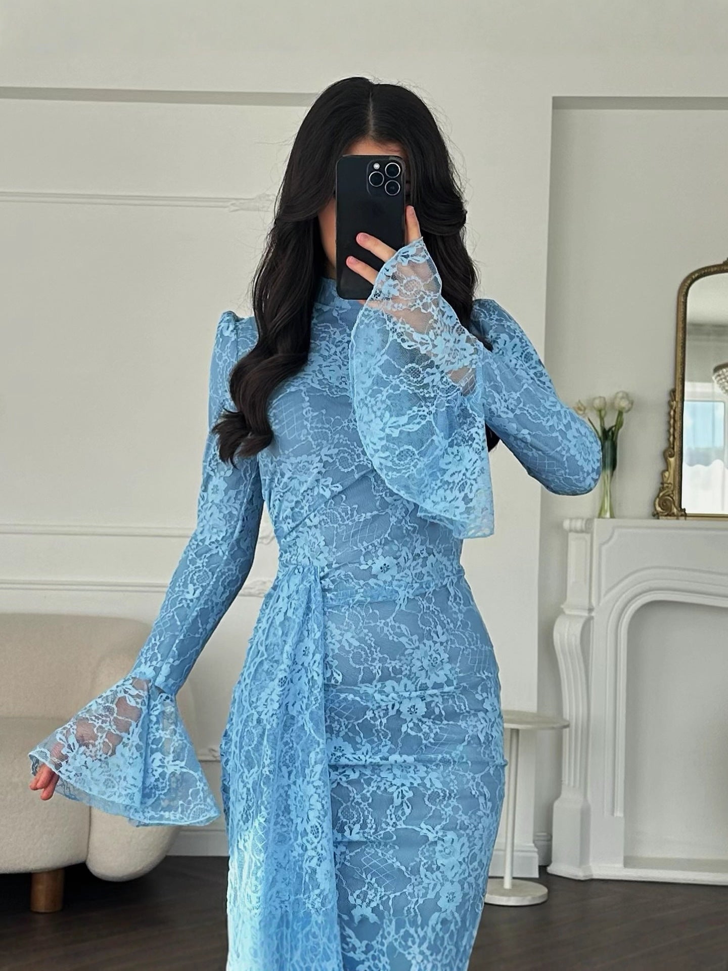 2025 Cross-border New European And American Style Women's Sexy Fashion Hip-covering Long Skirt Evening Dress Long-sleeved Lace Dress