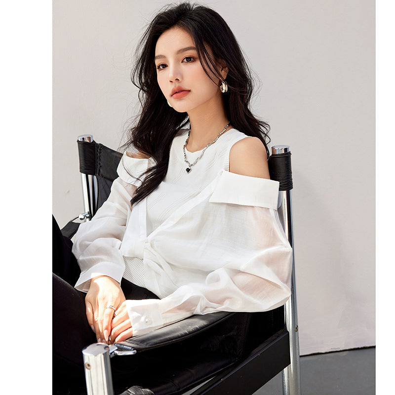 G9052 Spring New Fashion Pure Want All-match Design Off-shoulder Shirt Women's Sweet Top Chic And Beautiful Shirt