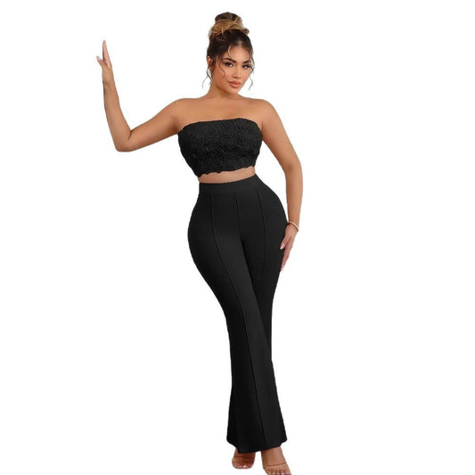 European And American Cross-border Women's 2025 Summer New Solid Color Exquisite Small Flowers Wrap Chest Tight Horn Trousers Two-piece Set