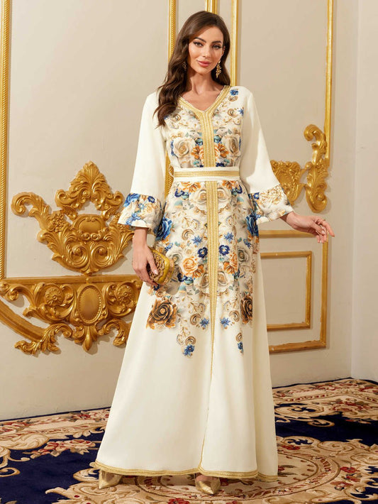 Foreign Trade Middle East Arab Women Dress Dubai Robe Long Sleeve Printed V-Neck Dress Long Dress Amazon