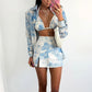 Chinese Style Printed Casual Suit For Women European And American Spring And Autumn New Lapel Long-sleeved Shirt Vest Slit Skirt Three-piece Set