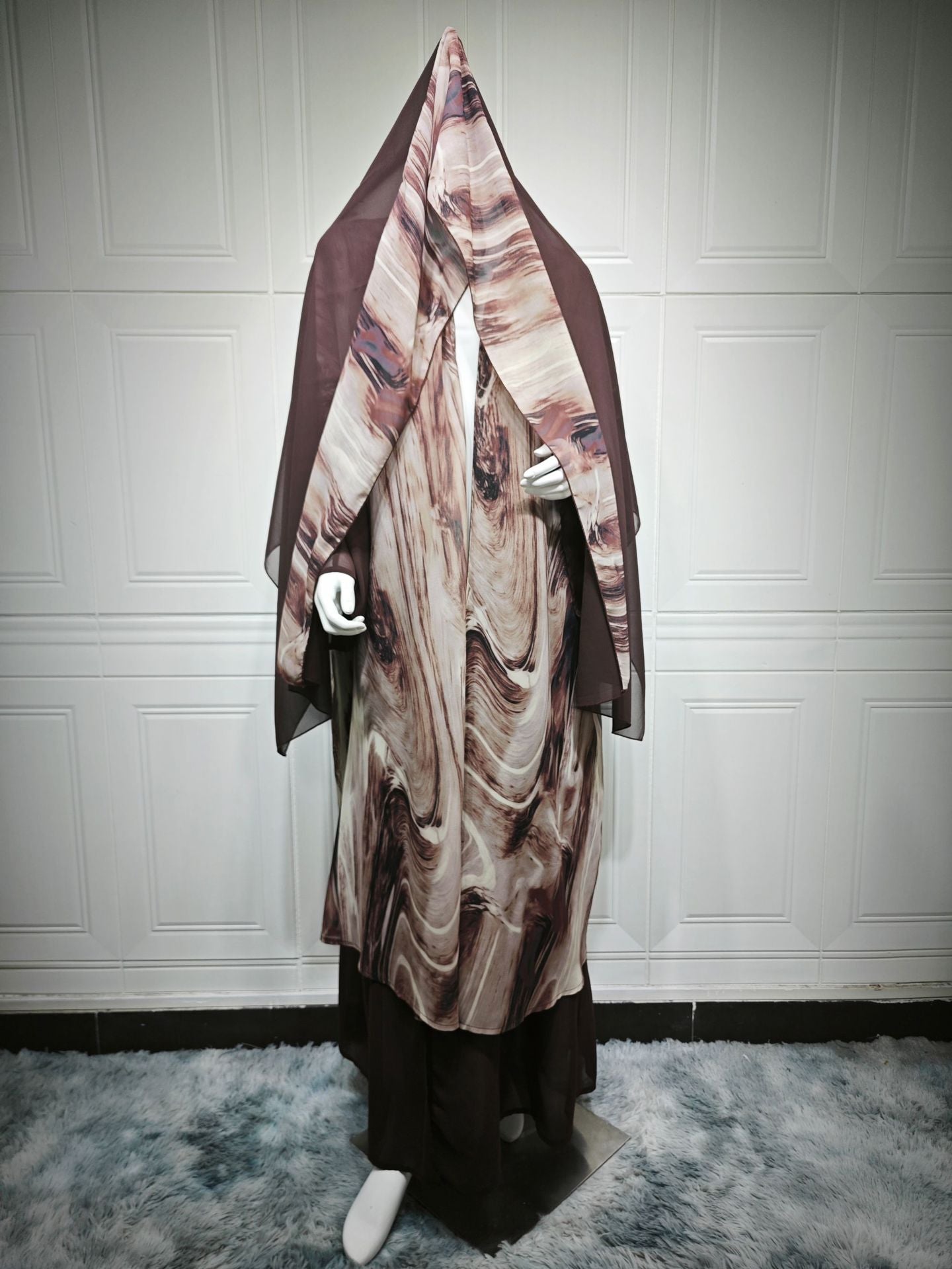 With Turban Brown Print Muslim Women's Clothing
