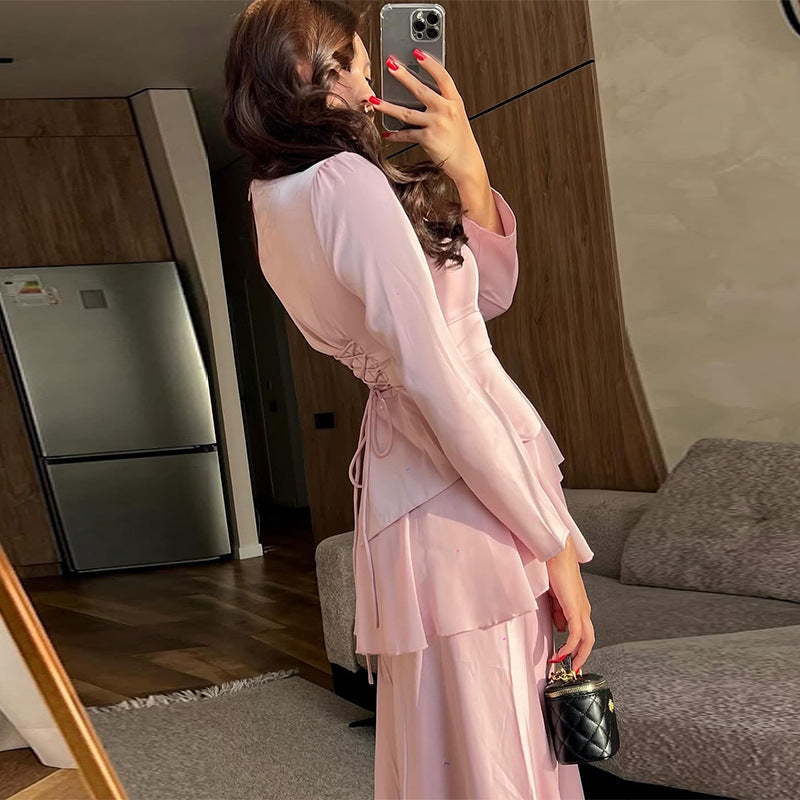 2025 New Autumn Women's Clothing European And American Amazon Cross-border Foreign Trade Ruffled Waist Pink Elegant Skirt Suit