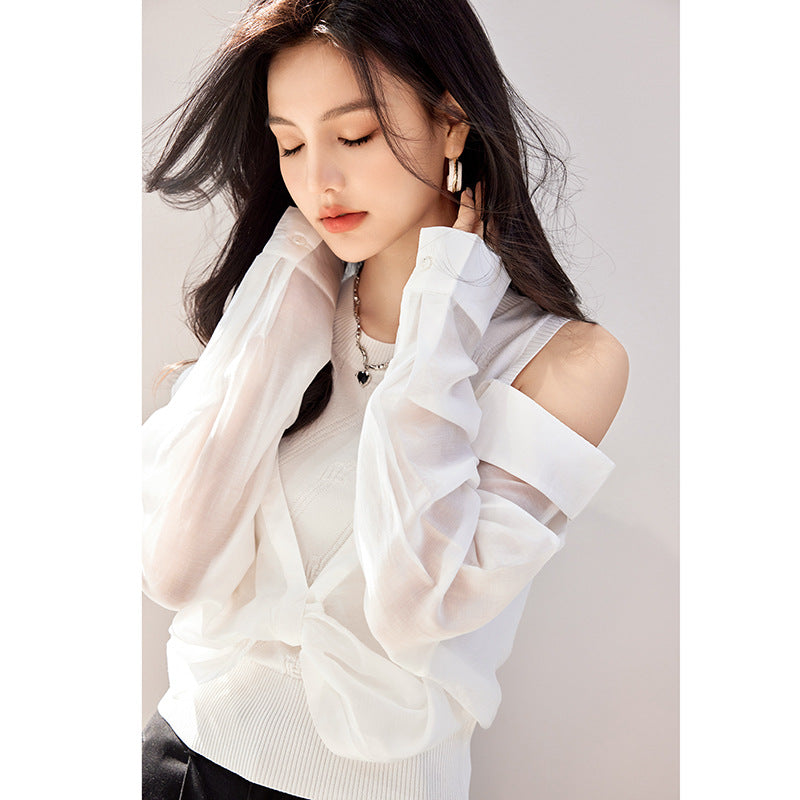 G9052 Spring New Fashion Pure Want All-match Design Off-shoulder Shirt Women's Sweet Top Chic And Beautiful Shirt