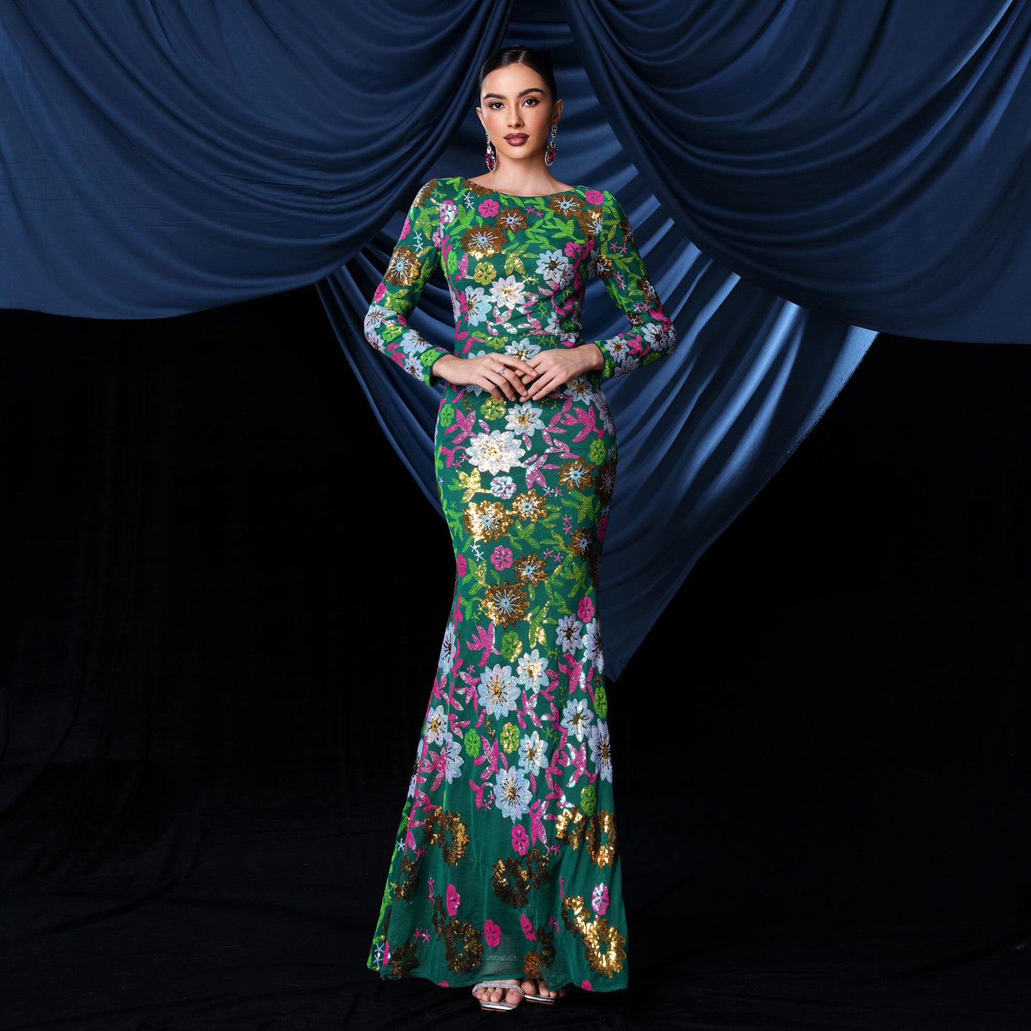 Clothing Long Round Neck Long-sleeved Slim Waist Sequin Evening Dress For Women