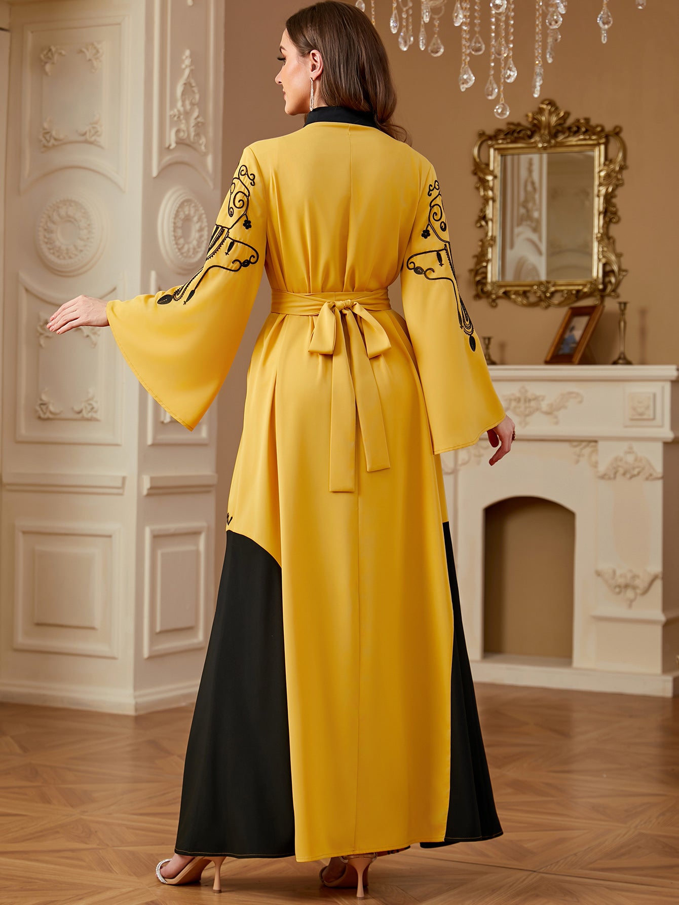 4290 Women's Dubai Robe Elegant Gorgeous Embroidery Contrast Color Stitching Moroccan Long Skirt Fashion New Dress