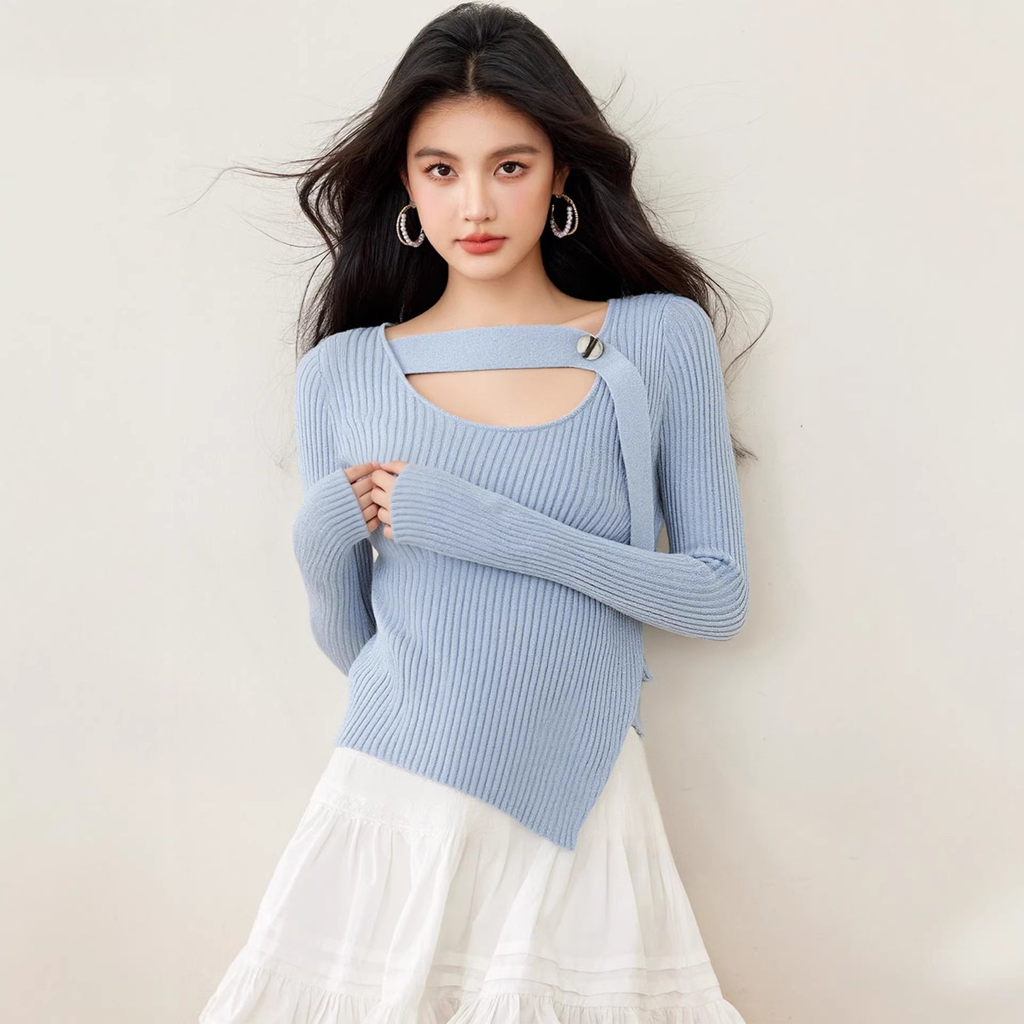 R2632 Brand Women's Fog Blue Ribbon One Button Irregular Top Wool Bottoming Sweater Temperament Top