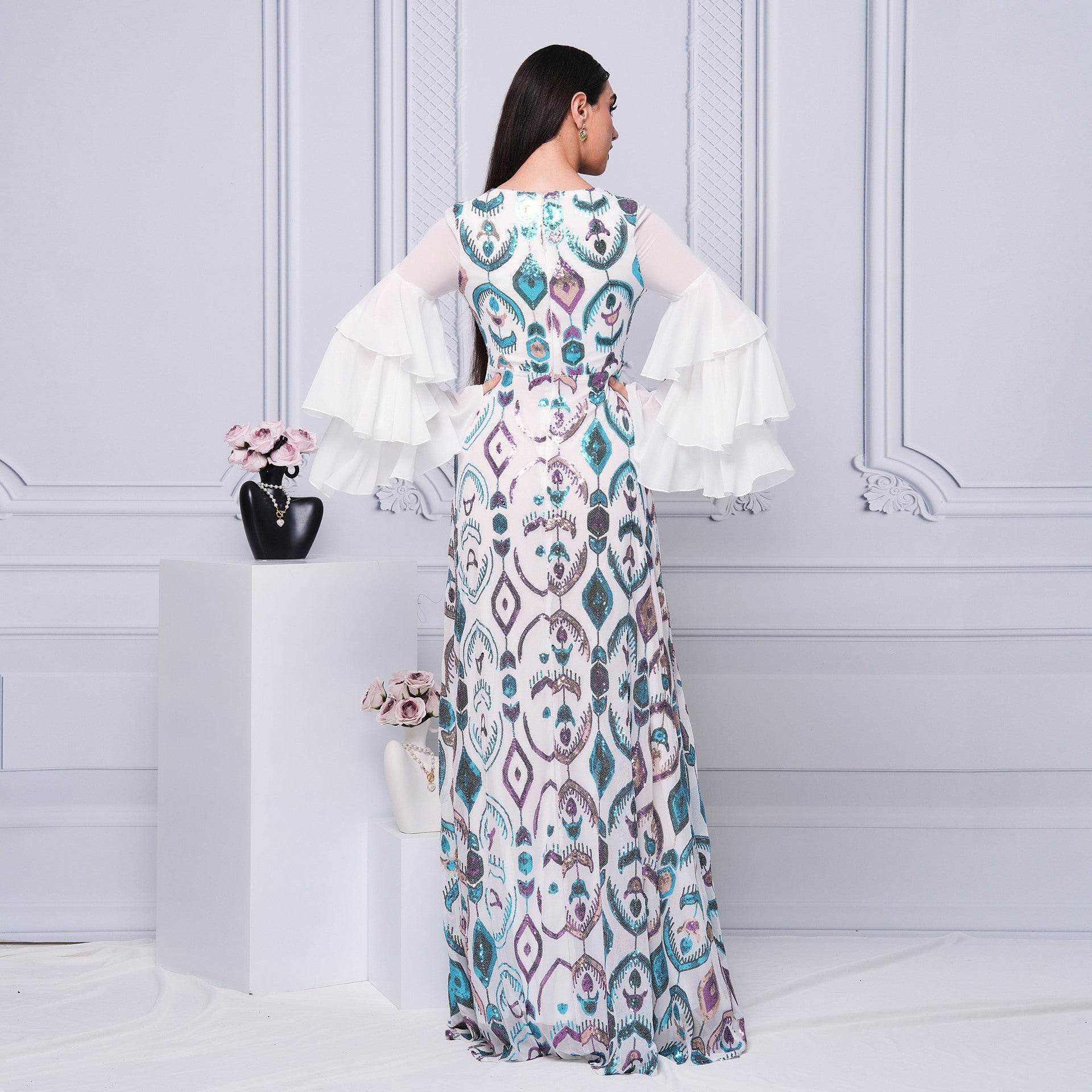 Cross-border Export European And American Middle East Saudi Arabia Clothing Long Round Neck Long-sleeved Slim Waist Sequin Dress