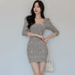 2025 Spring New Korean Style Square Neck Puff Sleeve Double Breasted Small Three Quarter Sleeve Hip Cover Dress For Women