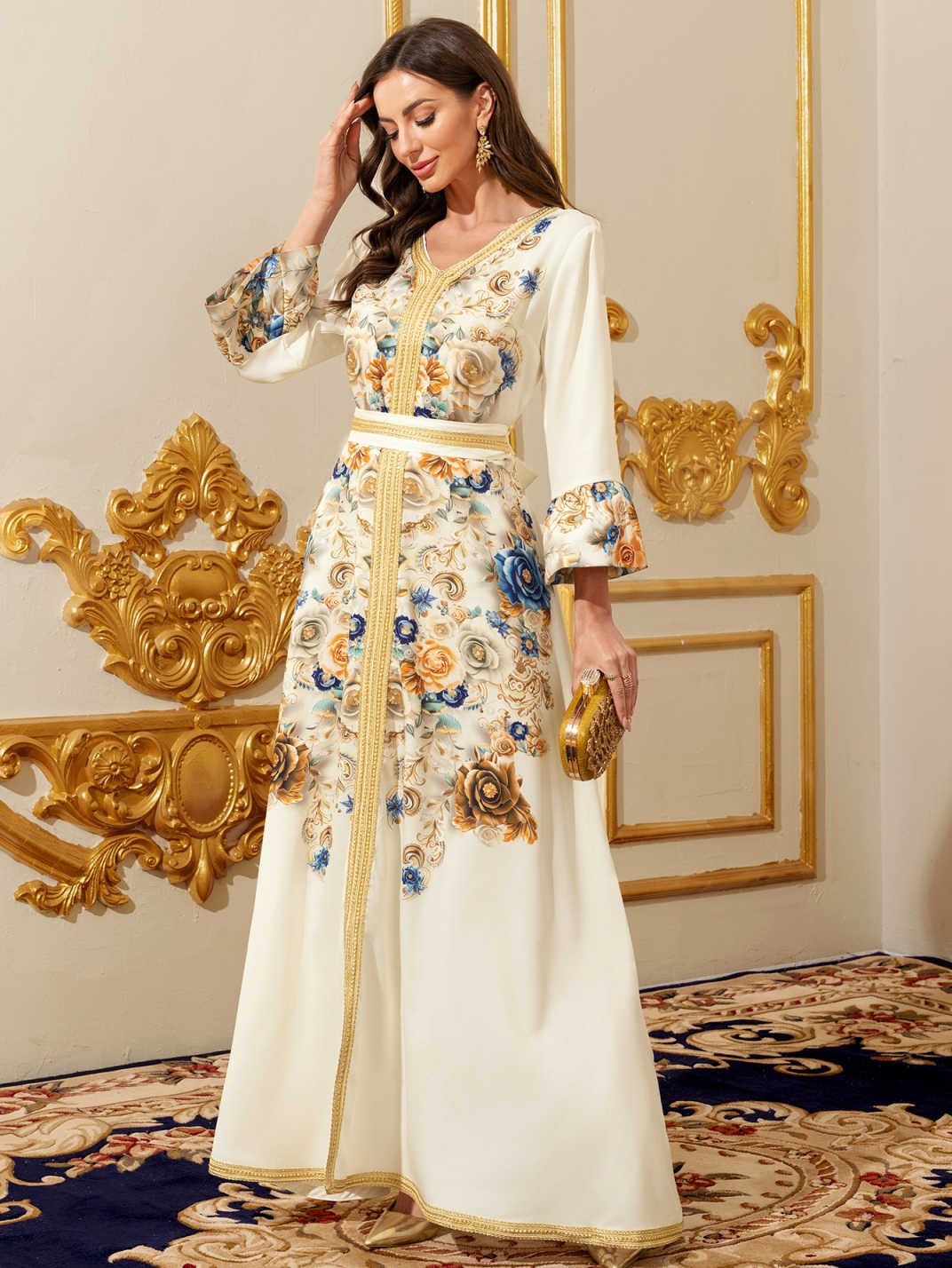 Foreign Trade Middle East Arab Women Dress Dubai Robe Long Sleeve Printed V-Neck Dress Long Dress Amazon