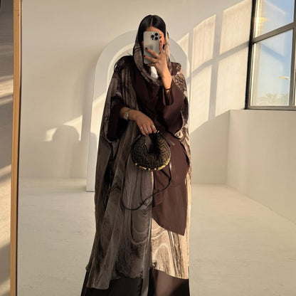 With Turban Brown Print Muslim Women's Clothing