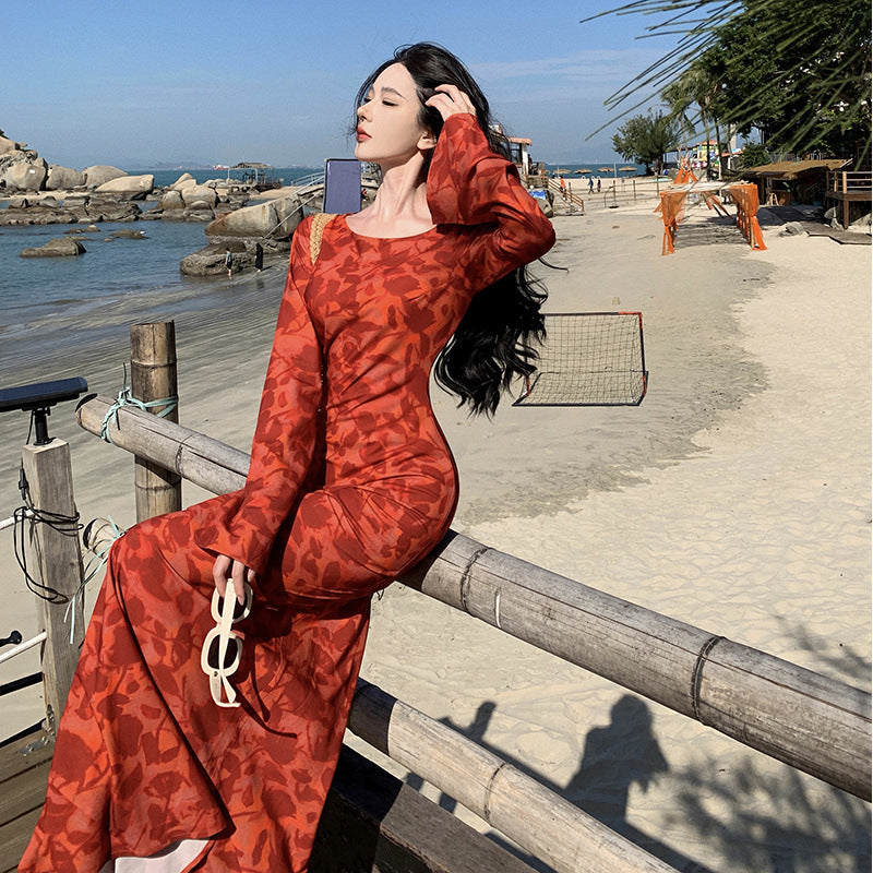 2025 New Cheongsam Women's High-End Improved New Chinese Dress Moroccan Rose Print Long-Sleeved Dress