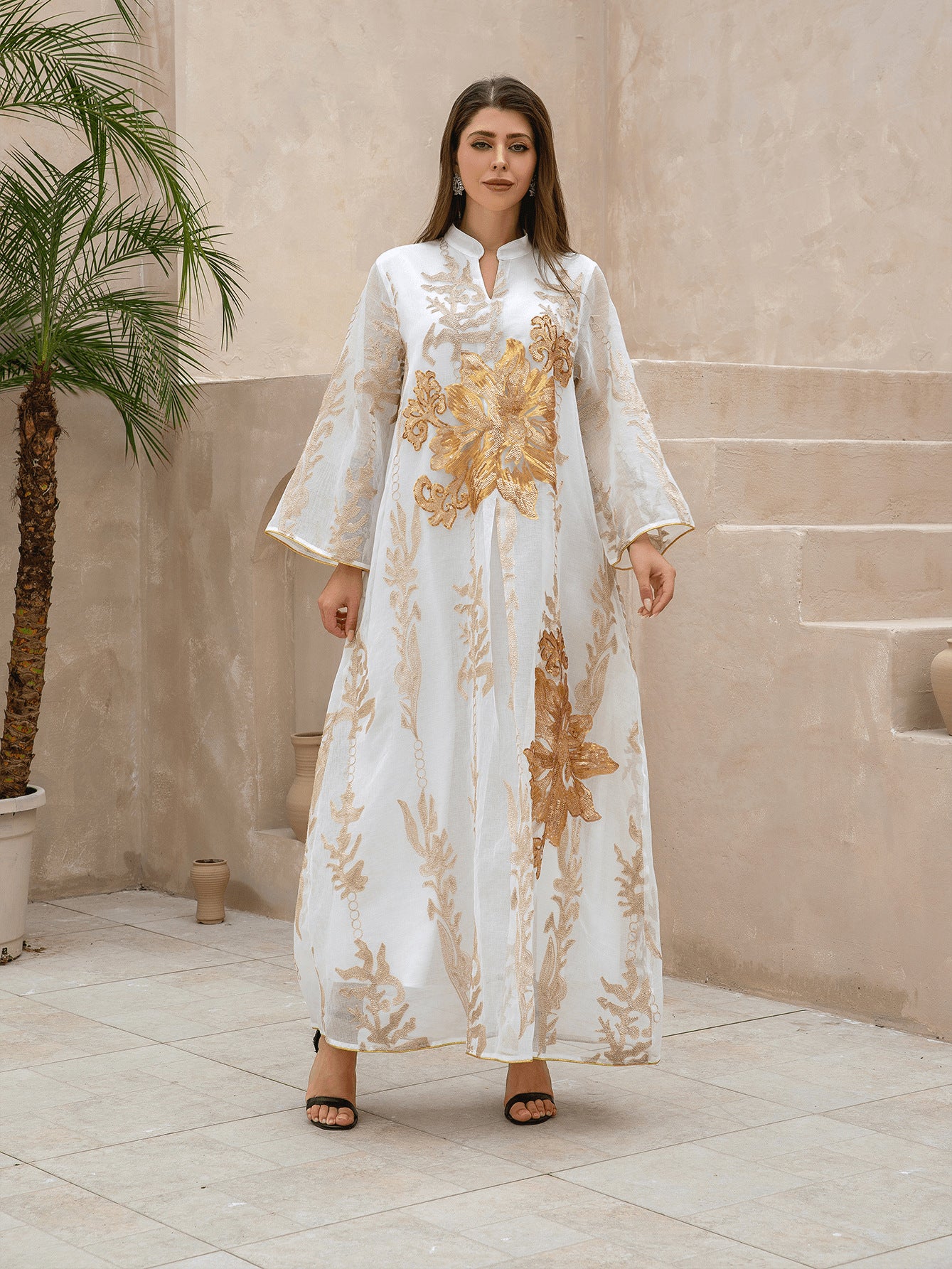 Zd045 Middle East Cross-Border Golden Sequin Embroidered Yarn Muslim Women Jalabiya Dubai Arabaya