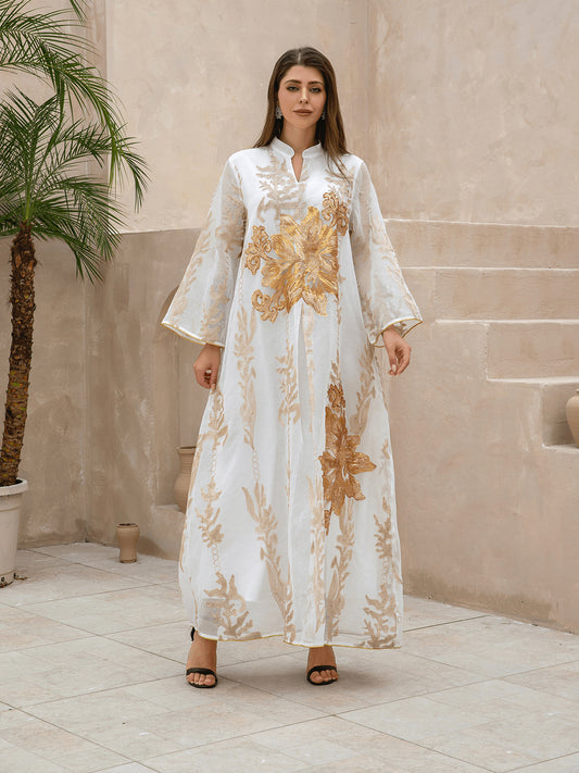 Zd045 Middle East Cross-Border Golden Sequin Embroidered Yarn Muslim Women Jalabiya Dubai Arabaya