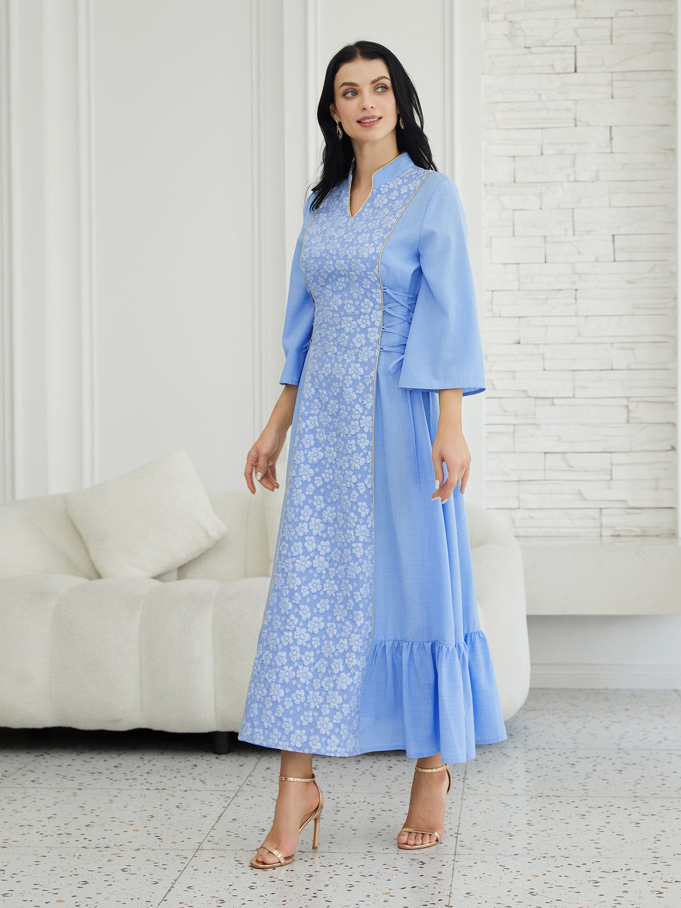 Cross-Border Long-Sleeved Jacquard V Neck Elegant Lace-Up Waist Slimming Look Dress Evening Dress