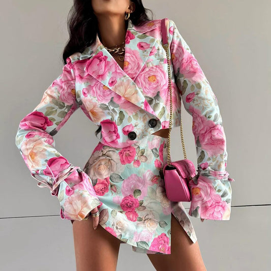 Foreign Trade Women's Digital Printing Fashion Skirt Suit New Lapel Long-sleeved Top High-waisted Skirt Two-piece Set