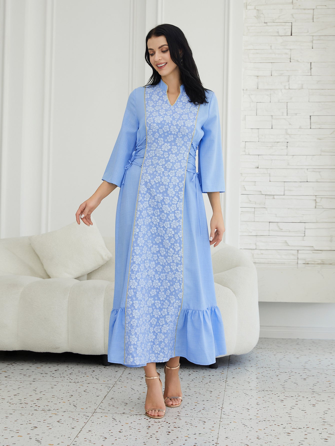 Nc106 Amazon Cross-Border Middle East Long-Sleeved Jacquard V Neck Elegant Lace-Up Waist Slimming Look Dress Evening Dress