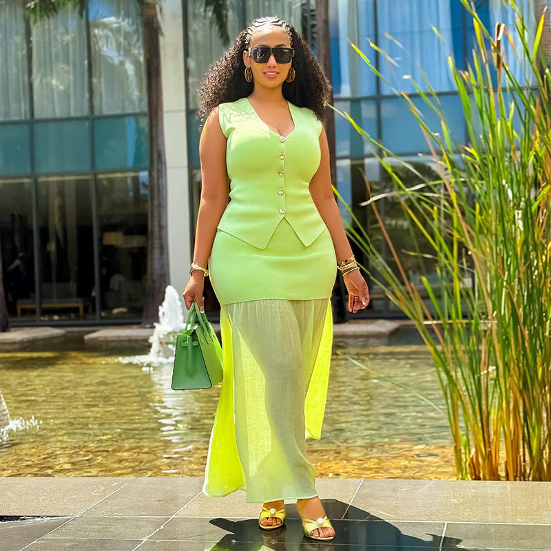 European And American Women's Clothing 2025 Autumn New Sweet And Fresh Knitted Vest Top High Waist Hip Skirt Two-piece Set