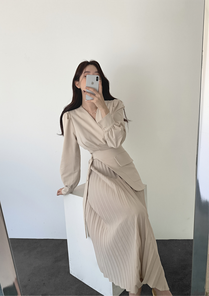 Korean Chic Autumn New V-neck Elegant Elegant Slim-fit Puff Sleeve Pleated Long Sleeve Mid-length Dress For Women