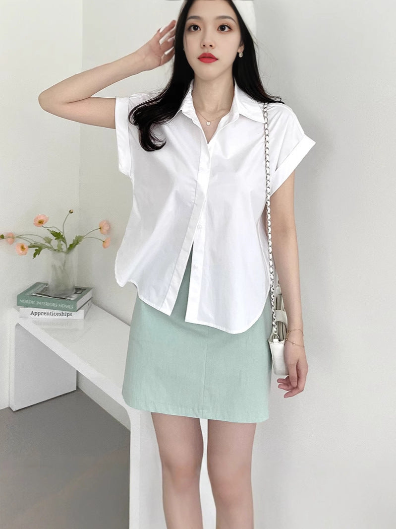 Fashionable All-match Hidden Hook Design Lapel Curling Short Sleeve