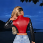 Contrast Color Motorcycle Style Short Navel Leather Top Women's 2024 Autumn New Fashion Hot Girl Long Sleeve Collar Zipper Outer