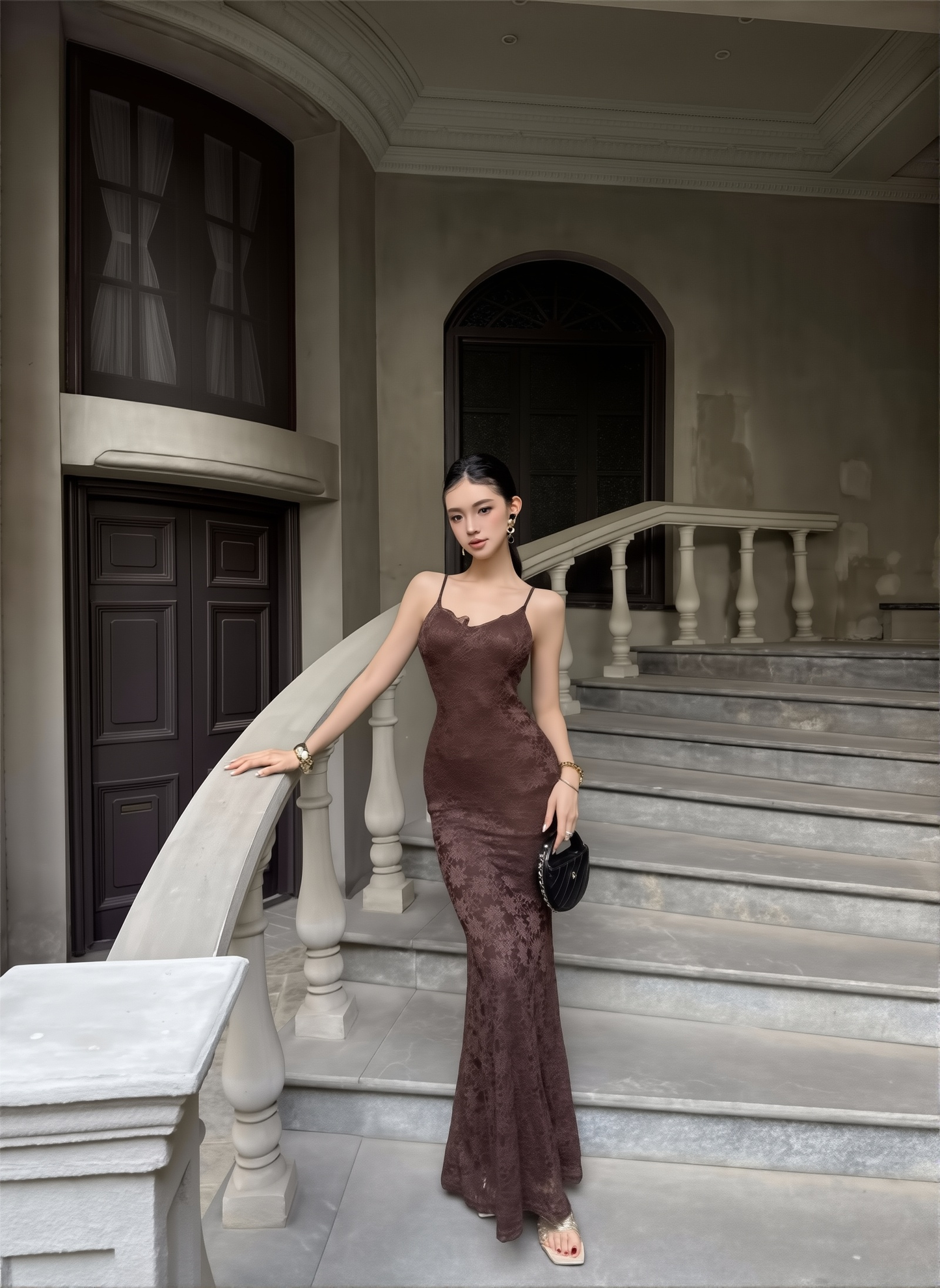 Waist Cinching Floral Lace Gown - French Style Spaghetti Strap Summer Dress