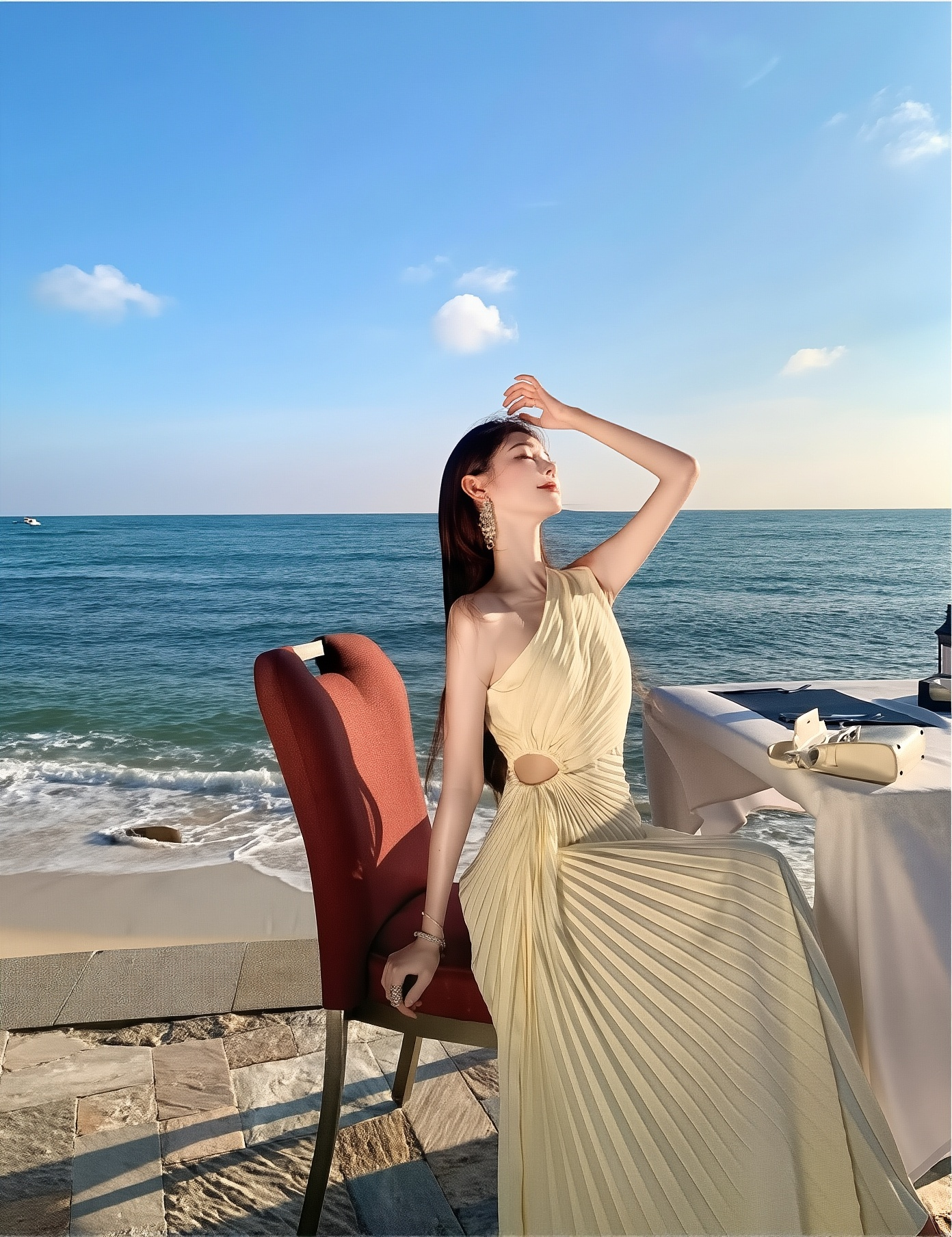 Pleated Slopping Shoulder Gown - Waistless Banquet Long Dress for Women