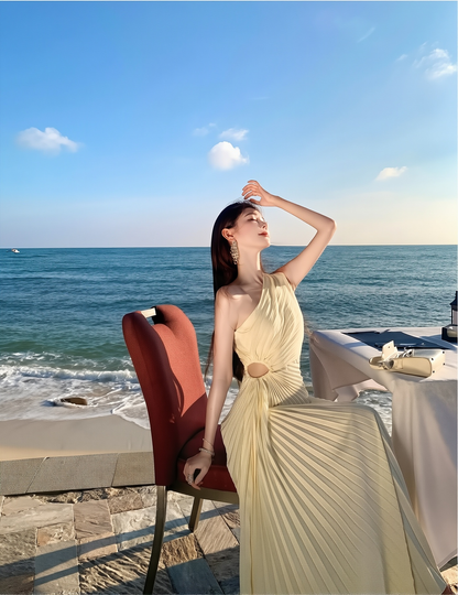 Pleated Slopping Shoulder Gown - Waistless Banquet Long Dress for Women