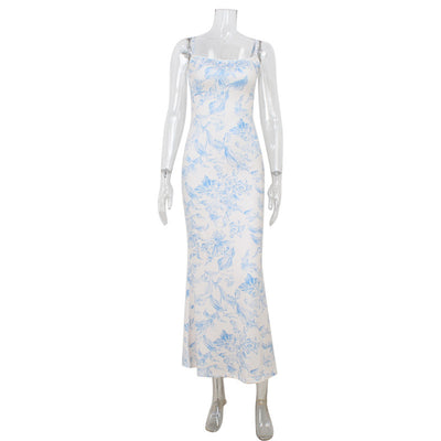 Vintage Printed Slim Fit Slimming Spaghetti Straps Dress