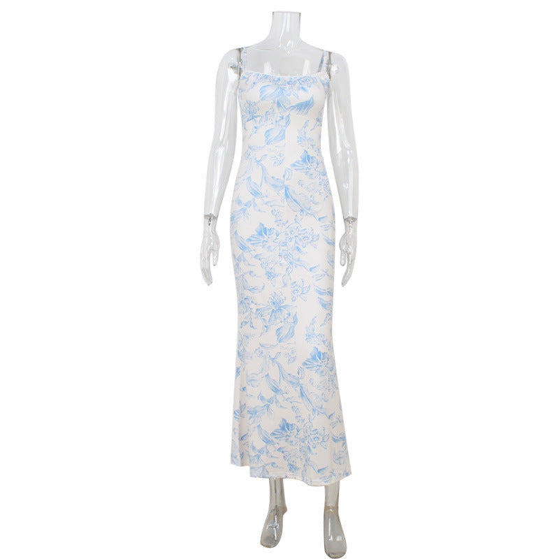 Vintage Printed Slim Fit Slimming Spaghetti Straps Dress