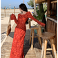 2025 New Cheongsam Women's High-End Improved New Dress Moroccan Rose Print Long-Sleeved Dress