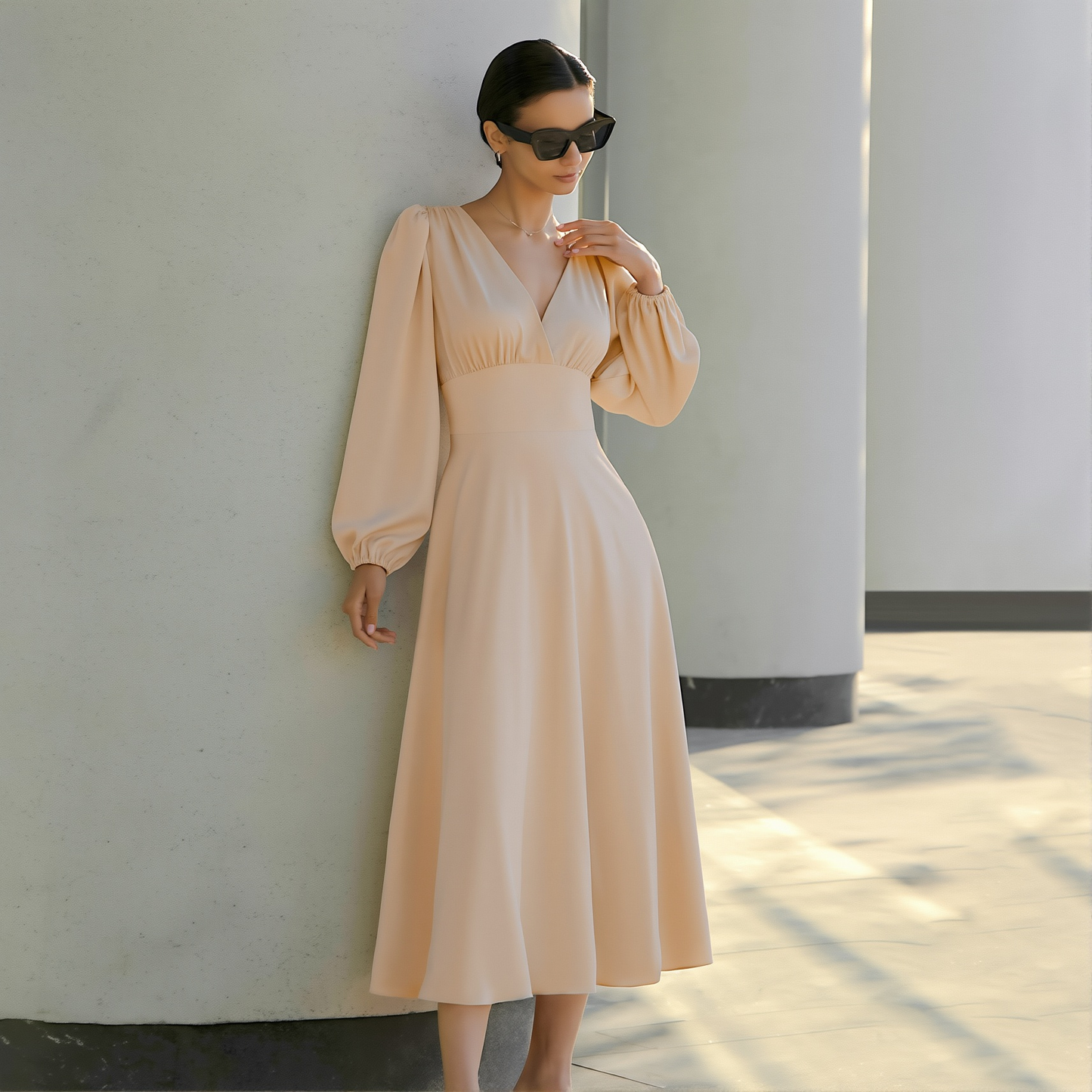 Clothing French Style Elegant Satin Lantern Sleeve Dress Women's High-end Waist Banquet Dress