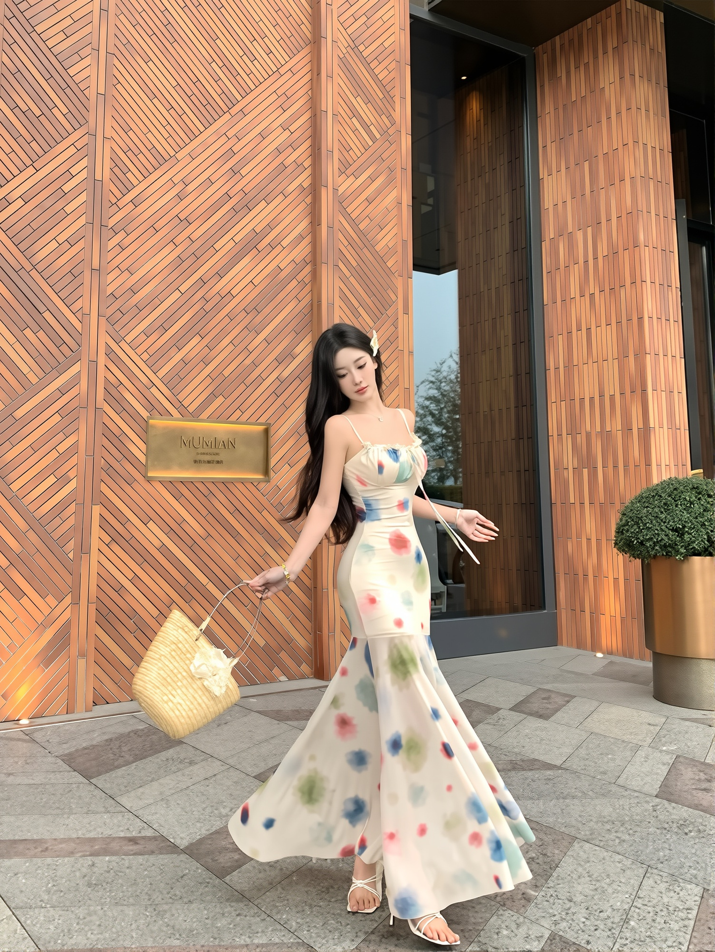 Elegant Vacation Summer Watercolor Sling Dress Women's Spring And Summer Short Long Irregular Skirt Fishtail Skirt