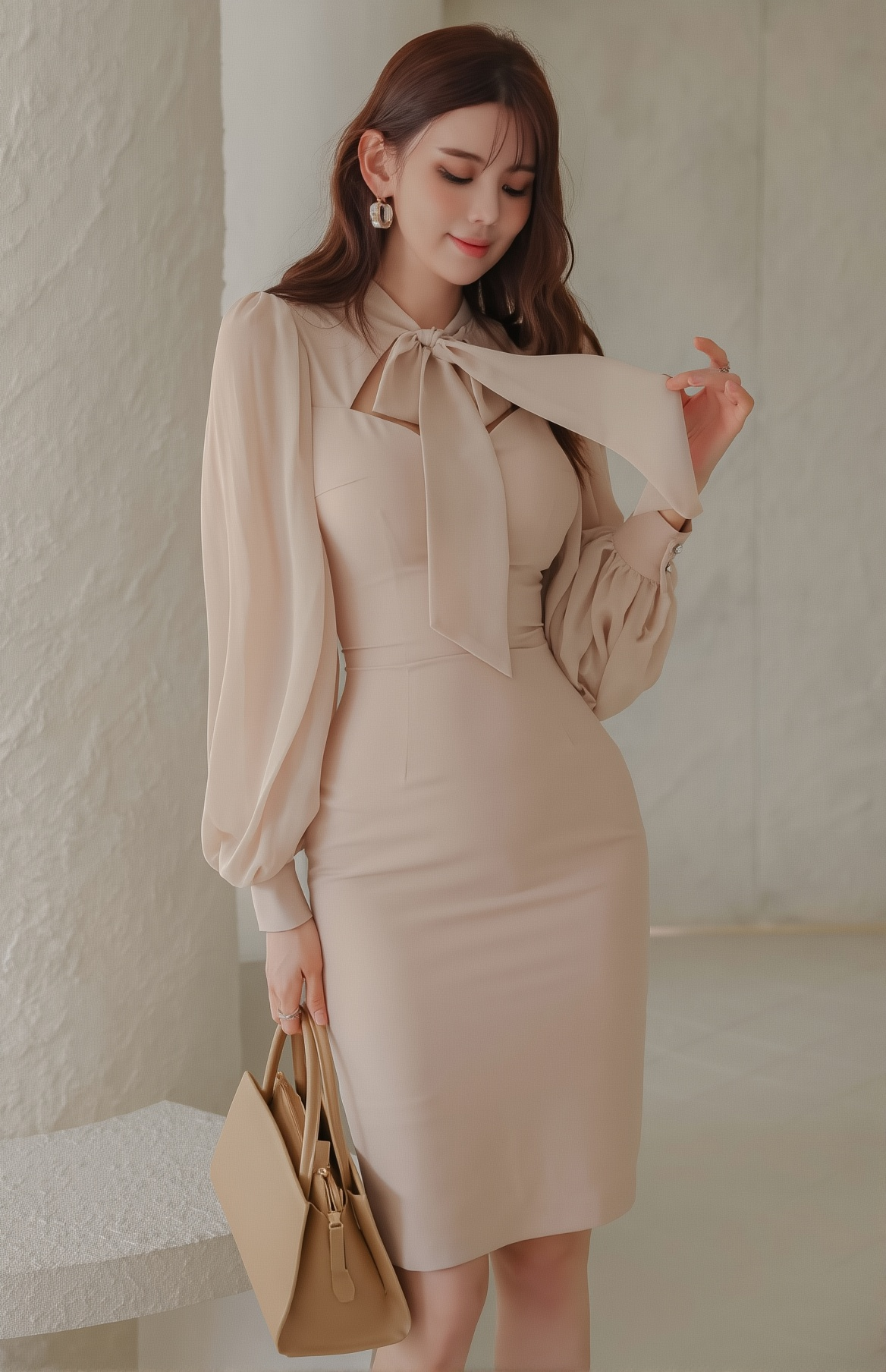 Lantern Sleeve Pencil Dress | 2025 A/W Lace-Up Slim Fit