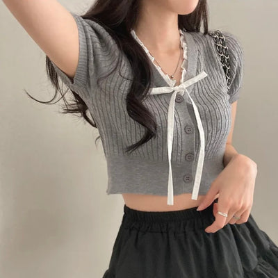 Tied V-neck Ice Silk Short Sleeve Knitwear Women's Short Top