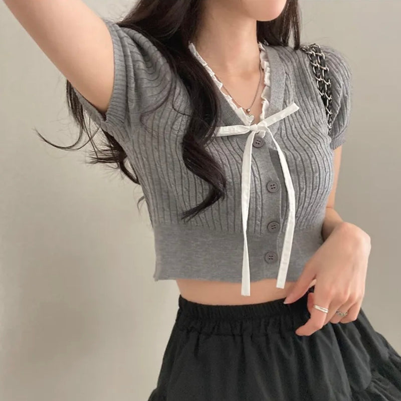 Tied V-neck Ice Silk Short Sleeve Knitwear Women's Short Top