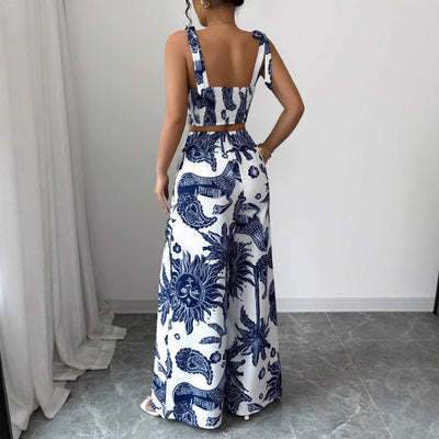 Sexy V-neck Strap Vest Loose Wide Leg Pants