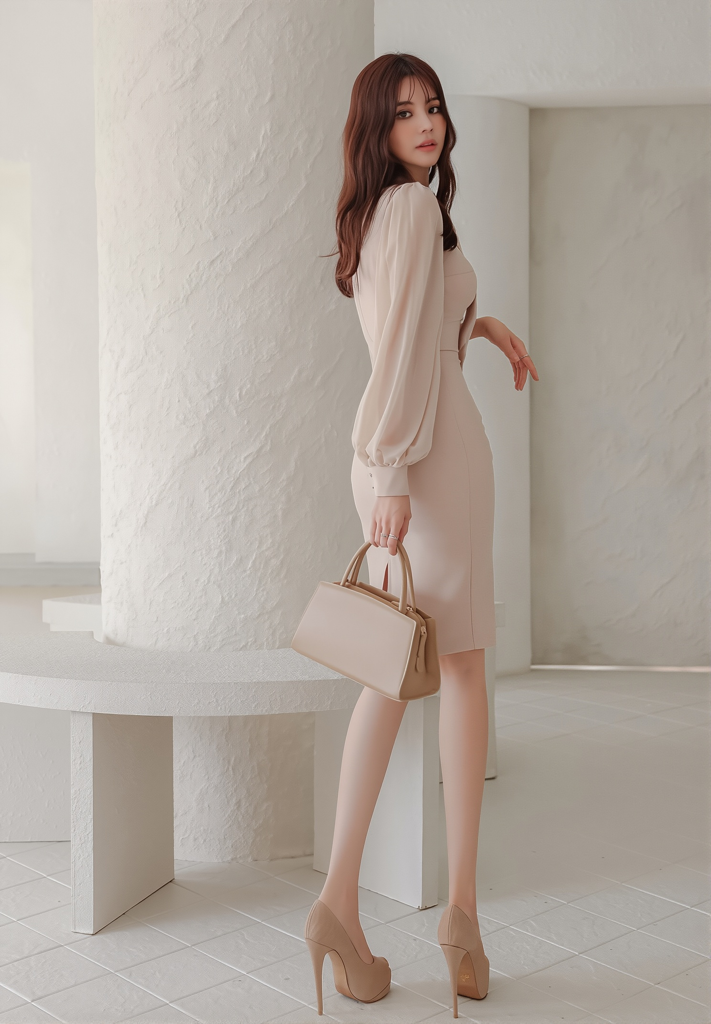 Lantern Sleeve Pencil Dress | 2025 A/W Lace-Up Slim Fit