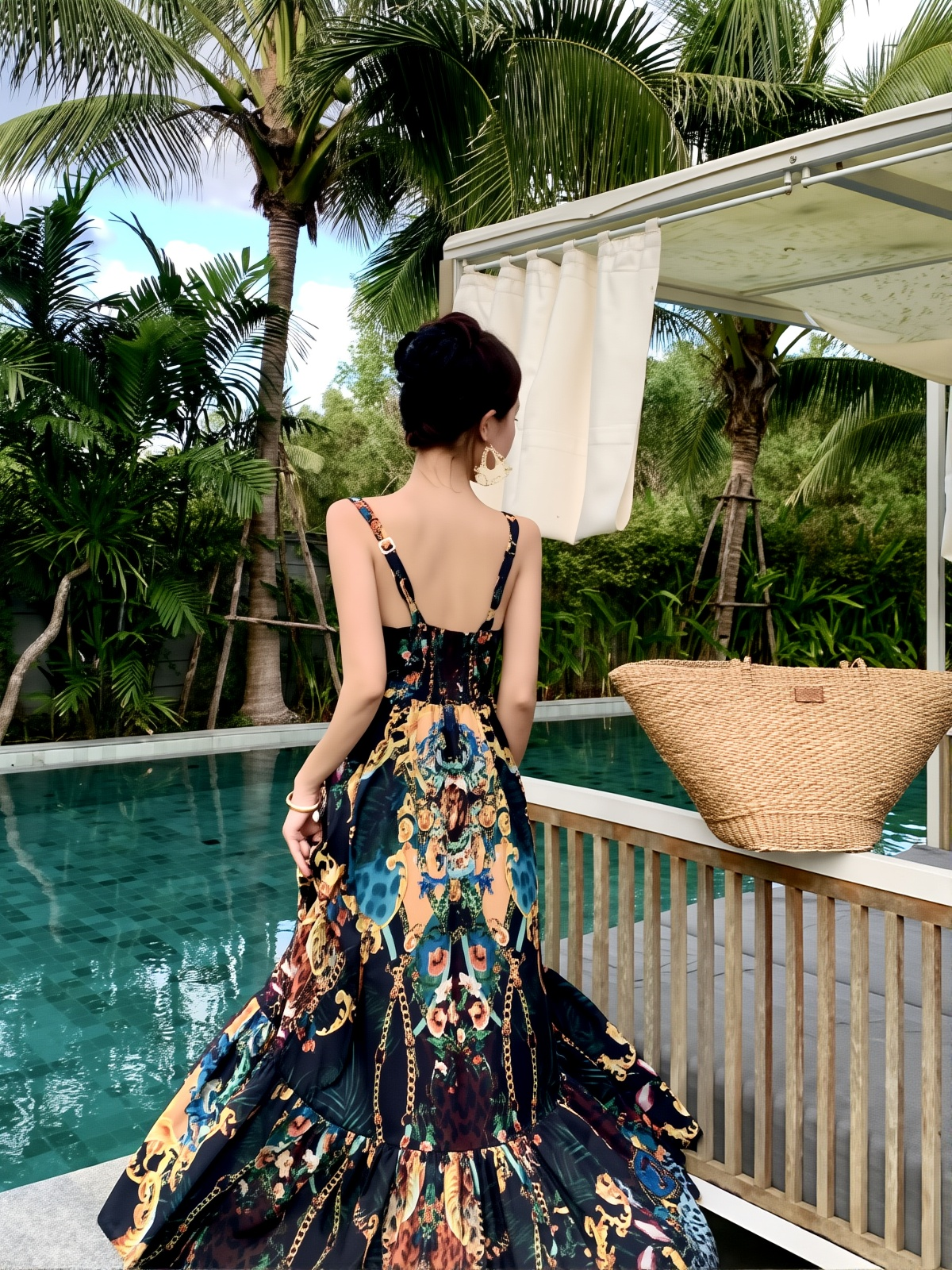 Retro Printed Maxi Dress for Women - Vintage Chic Seaside Vacation Long Dress
